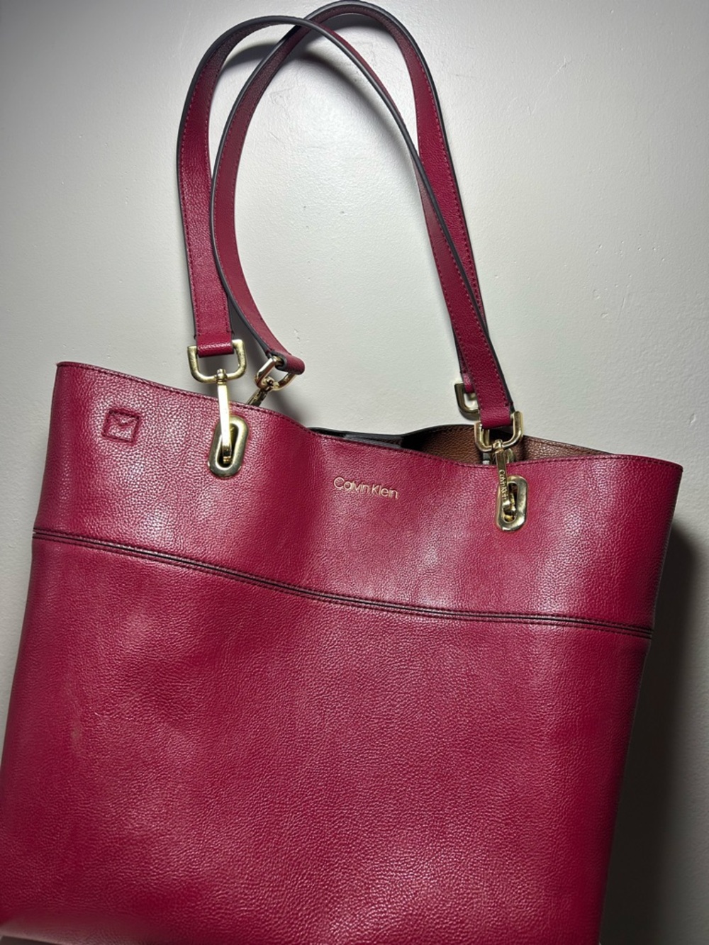 Calvin Klein Magenta Leather Tote with Gold Hardware